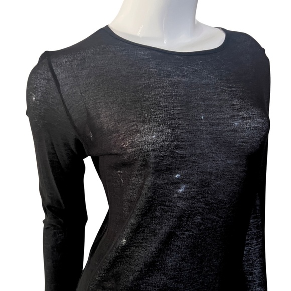 J Brand Sheer Black Long Sleeve Round Neck Top with Shirtail Hem - Medium - Picture 3 of 12